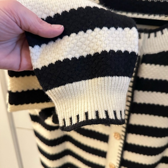 Black & White striped gold button down cable knit soft quiet luxury cardigan L - Picture 6 of 14